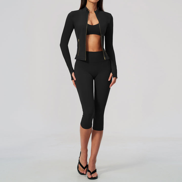 New Women's Yoga Suit, Fitted Waist-Cinching Zipper Slimming Fitness Wear, High-Waisted Tummy-Control Yoga Sport Three-Piece Set eprolo