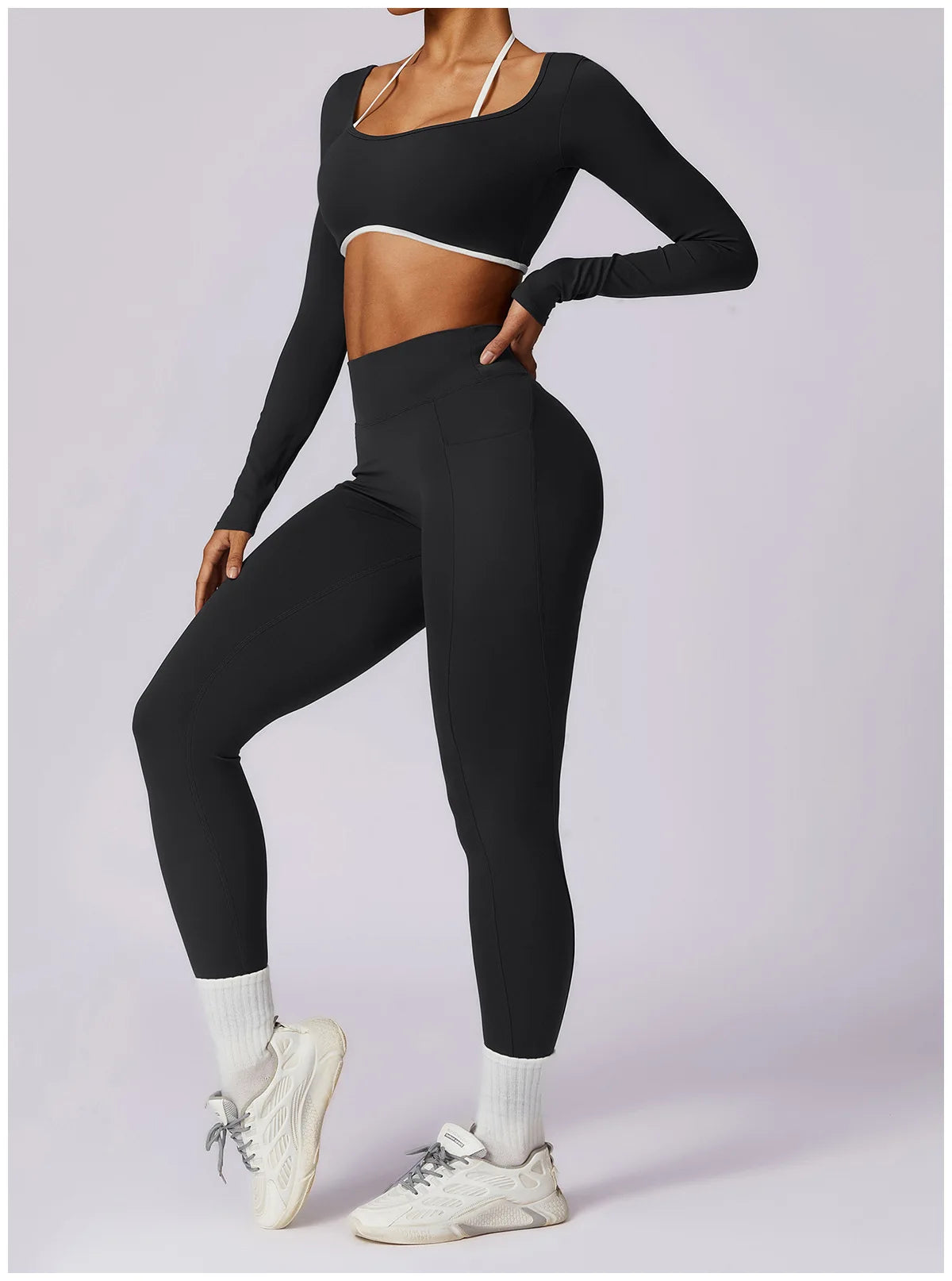 Color Block Long Sleeve Crop & Leggings Set