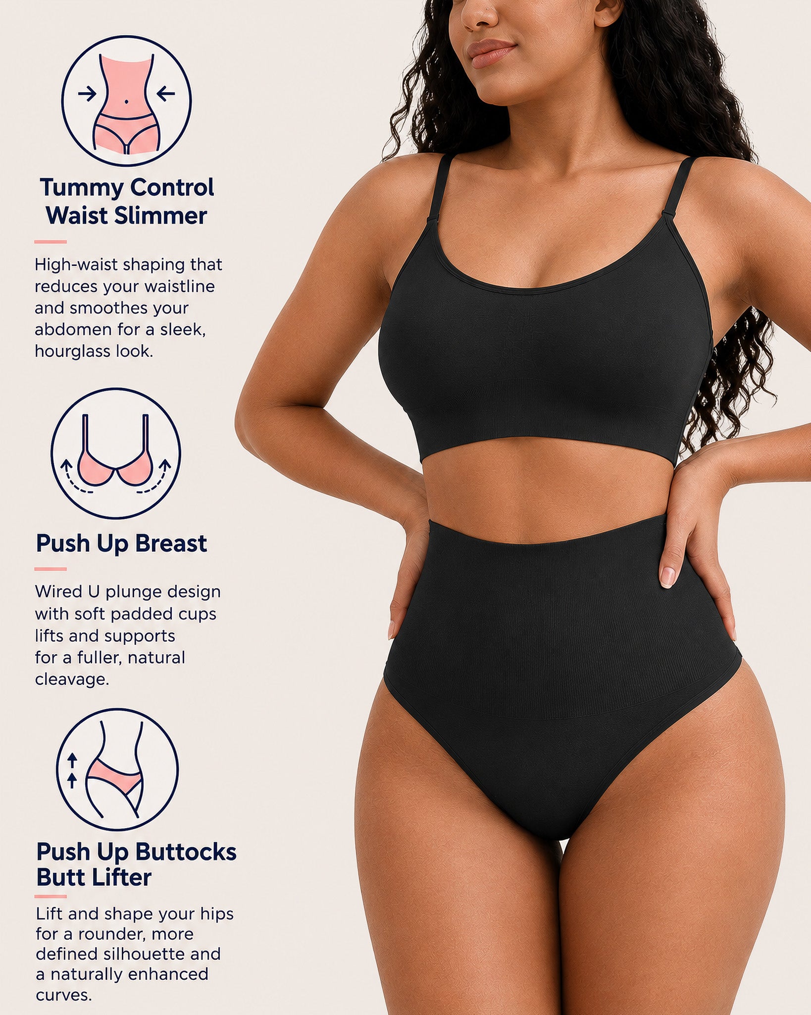 Thong Belly Control Underwear Set with Bra Large U-Shape eprolo