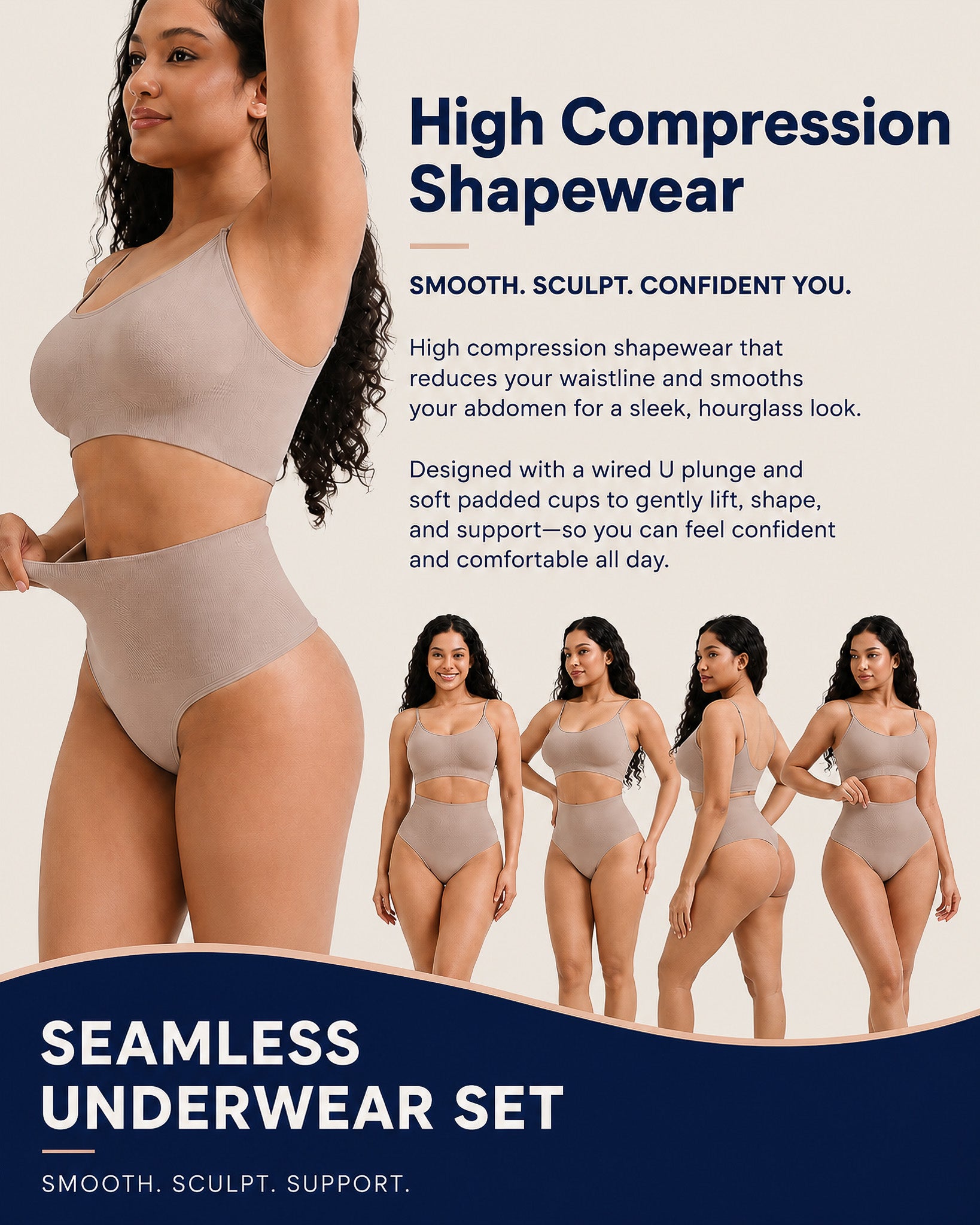 Thong Belly Control Underwear Set with Bra Large U-Shape eprolo