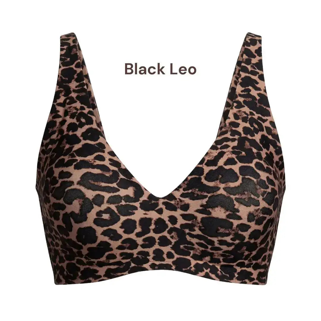 The Jelly Bra deep V wireless lift bra in black leopard print – comfortable no wire bra for women