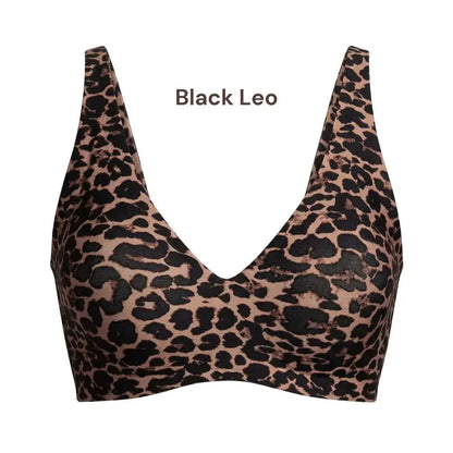 The Jelly Bra deep V wireless lift bra in black leopard print – comfortable no wire bra for women