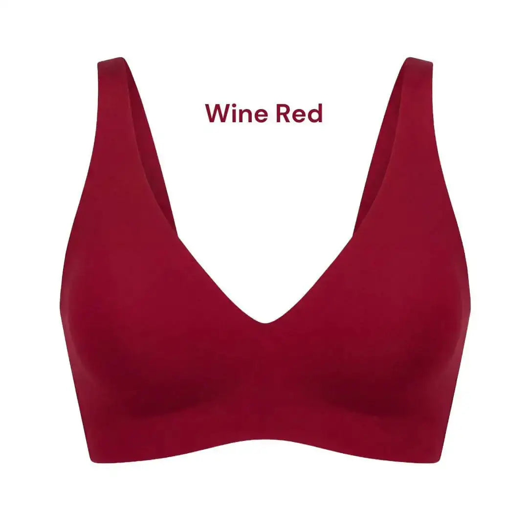 The Jelly Bra deep V gel lift bra in wine red – seamless wire free bra for sagging breasts