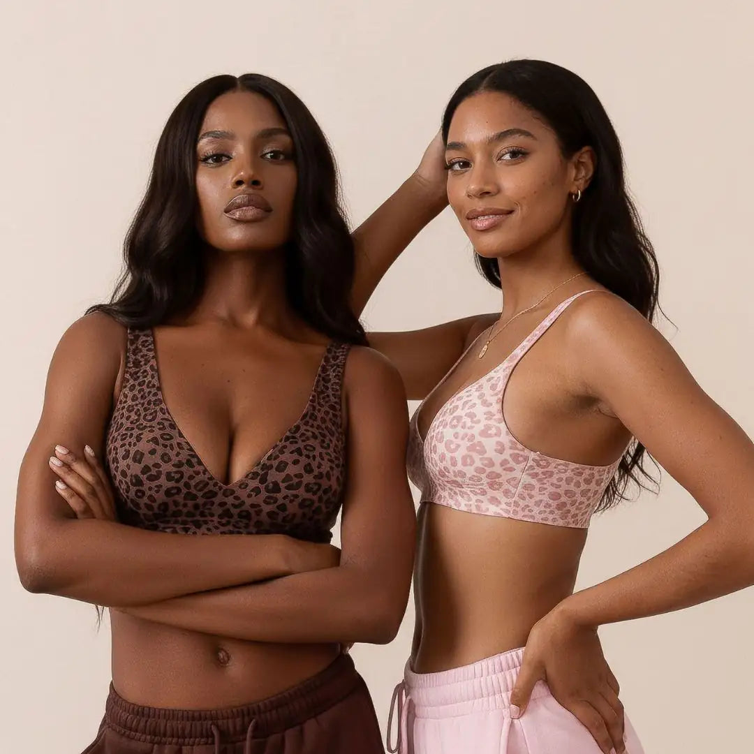 Two models wearing The Jelly Bra in black and pink leopard print – seamless wireless gel lift bra