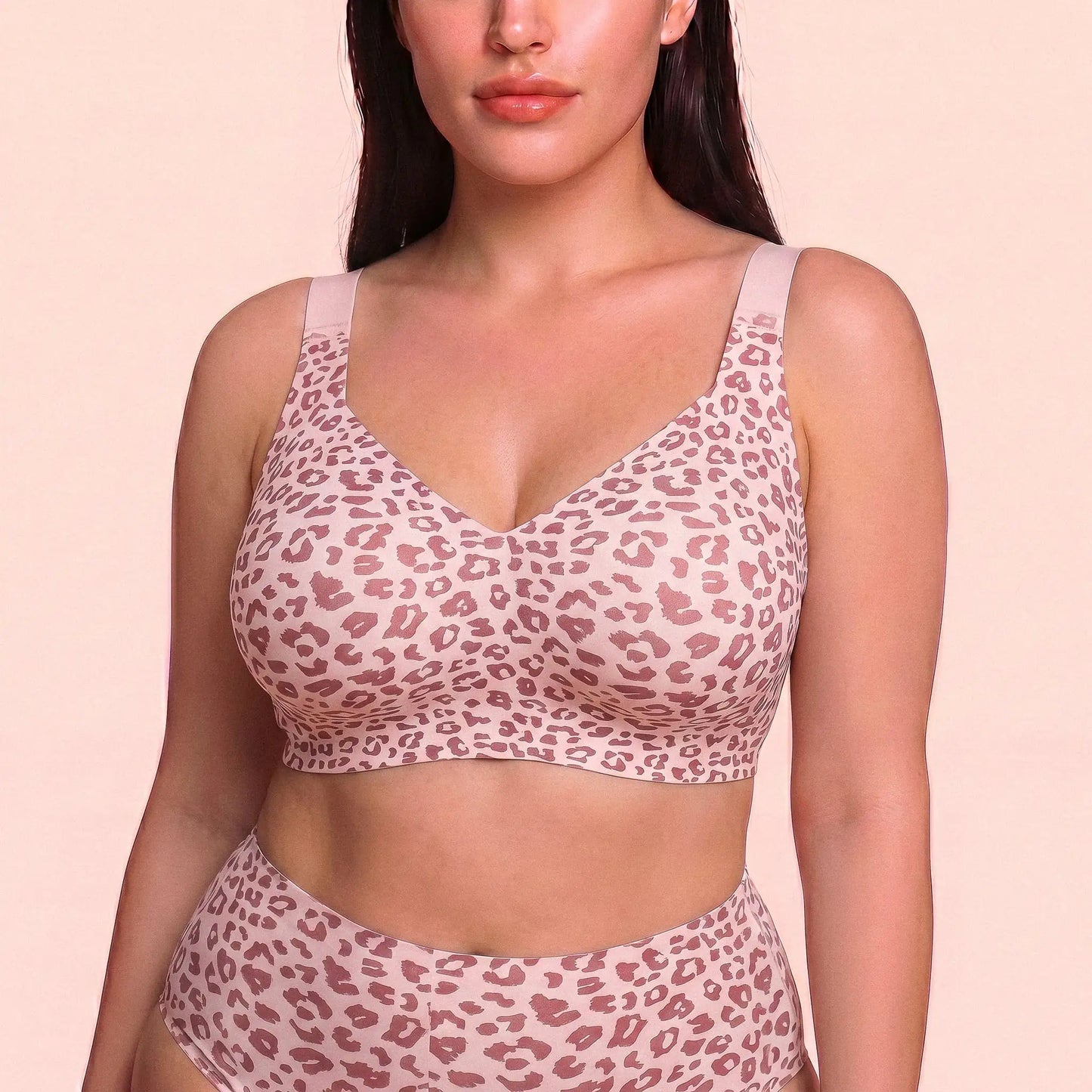 Plus size model in The Jelly Bra pink leopard – best no wire push up bra for older women with side fat
