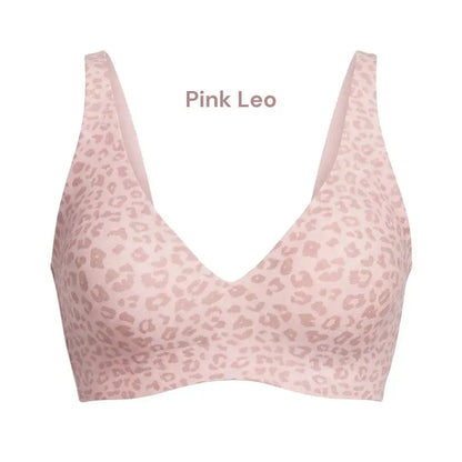 The Jelly Bra deep V gel lift bra in pink leopard print – seamless wireless bra for older women