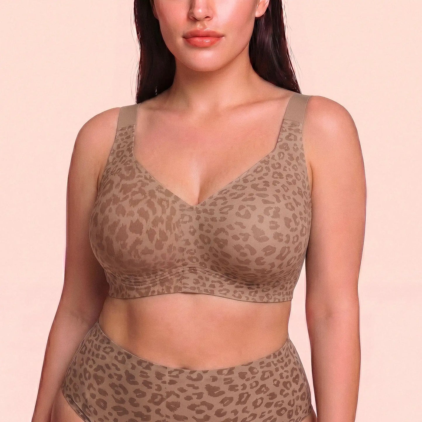 Plus size model wearing The Jelly Bra taupe leopard print gel lift bra – wire free bra for back fat