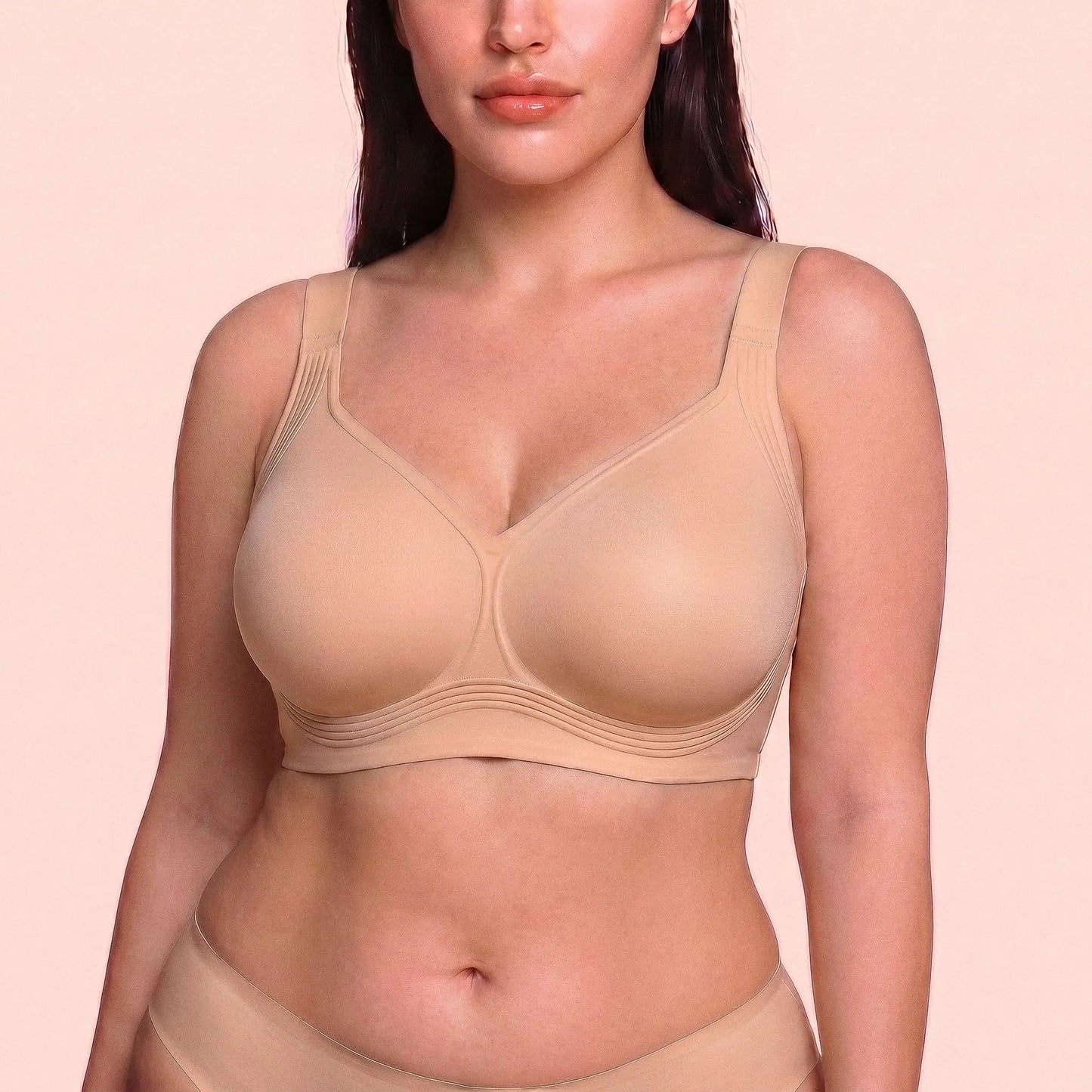 Plus size model in The Jelly Bra nude – best fitting comfortable gel bra for women over 50, no wire