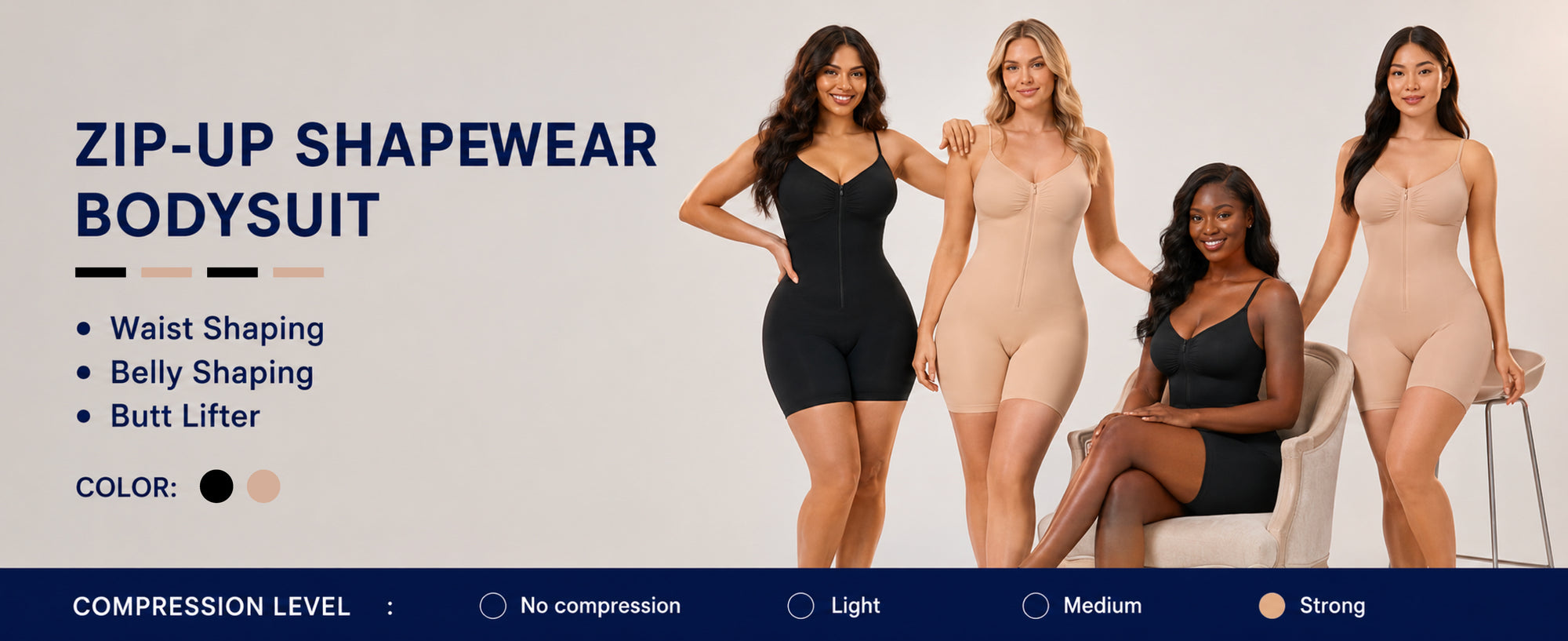 Zip-up tummy control shapewear bodysuit available in black and nude with strong compression, waist shaping, belly control and butt-lifting support for a smooth hourglass silhouette.